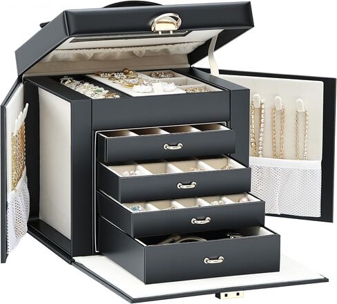 EnHomee Jewelry Box for Women, 5-Layer Large Jewelry Organizer with Mirror & 4 Drawers for Rings, Earrings, Necklaces, Bracelet Lockable Case with Lock (White + Gold) in Saudi Arabia