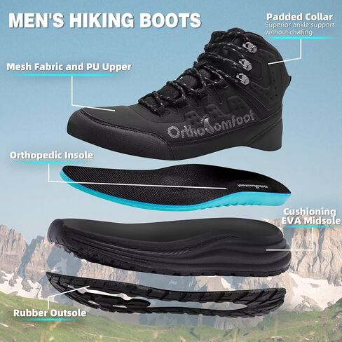 Men's Orthopedic Waterproof Hiking Boots: Comfortable Plantar Fasciitis Work Walking Running Trekking Shoes, Flat Feet Orthotic Mid Ankle Support Trail Sneakers for Foot and Heel Pain Relief in Saudi Arabia