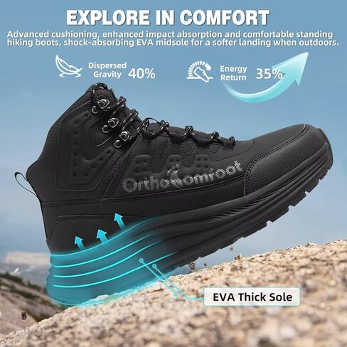 Men's Orthopedic Waterproof Hiking Boots: Comfortable Plantar Fasciitis Work Walking Running Trekking Shoes, Flat Feet Orthotic Mid Ankle Support Trail Sneakers for Foot and Heel Pain Relief in Saudi Arabia