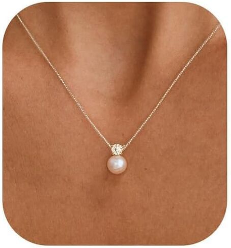 Pearl Necklaces for Women, Dainty Gold Necklace 14K Gold Plated Charm CZ Pearl Pendant Necklace Simple Gold Pearl Choker Necklaces for Women Trendy Wedding Necklace Pearl Jewelry for Women in Saudi Arabia