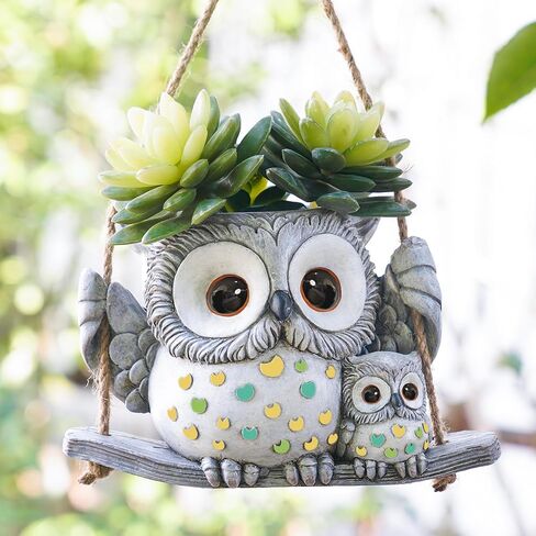 Swing Owl Hanging Planters for Indoor Plants, Cute Small Succulent Pots with Drainage Hole, Unique Resin Plant Hangers Outdoor, Hanging Plant Holder for String Of Pearls, Gift Ideas for Mother in Kuwait