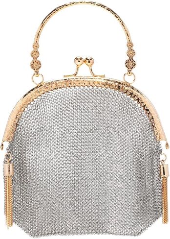 Vintage Chainmail Handbag Evening Bag Clutch Purses Antique Chainmail Purse for Prom Cocktail Party Sparkling Party Wedding Engagement(Sliver Gold Handbag - Large) in Saudi Arabia