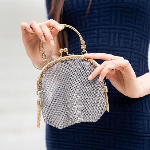 Vintage Chainmail Handbag Evening Bag Clutch Purses Antique Chainmail Purse for Prom Cocktail Party Sparkling Party Wedding Engagement(Sliver Gold Handbag - Large) in Saudi Arabia