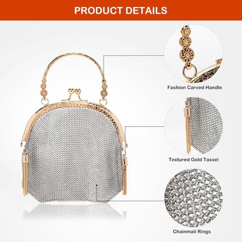 Vintage Chainmail Handbag Evening Bag Clutch Purses Antique Chainmail Purse for Prom Cocktail Party Sparkling Party Wedding Engagement(Sliver Gold Handbag - Large) in Saudi Arabia