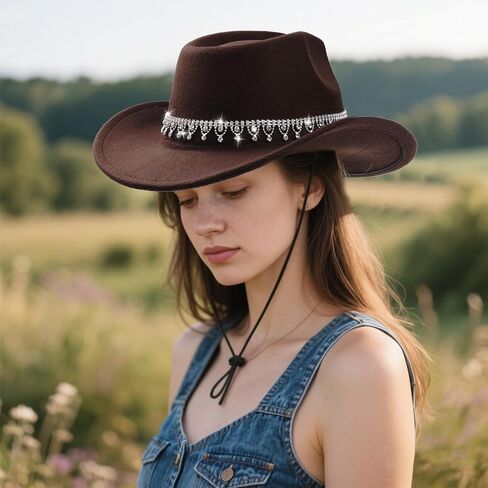 2 Pcs Rhinestone Fringe Cowboy Hat for Women Adjustable Hat Western Cowgirl Hat in Saudi Arabia