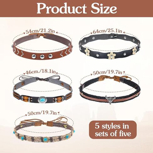 6Pcs Cowboy Hat Bands, Ethnic Western Hats Belts, 5 Styls Adjustable Leather Cowboy Hat Band for Women Men, Classical Western Hatbands Decorating Supplies with Turquoise, Beaded, Flower, Cow Pattern in Saudi Arabia