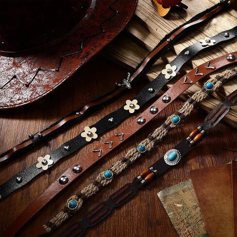6Pcs Cowboy Hat Bands, Ethnic Western Hats Belts, 5 Styls Adjustable Leather Cowboy Hat Band for Women Men, Classical Western Hatbands Decorating Supplies with Turquoise, Beaded, Flower, Cow Pattern in Saudi Arabia