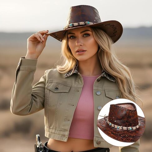 6Pcs Cowboy Hat Bands, Ethnic Western Hats Belts, 5 Styls Adjustable Leather Cowboy Hat Band for Women Men, Classical Western Hatbands Decorating Supplies with Turquoise, Beaded, Flower, Cow Pattern in Saudi Arabia