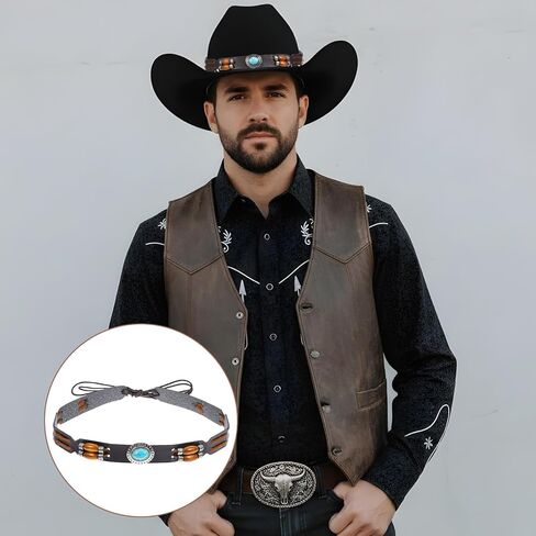 6Pcs Cowboy Hat Bands, Ethnic Western Hats Belts, 5 Styls Adjustable Leather Cowboy Hat Band for Women Men, Classical Western Hatbands Decorating Supplies with Turquoise, Beaded, Flower, Cow Pattern in Saudi Arabia