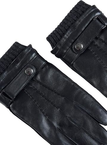 قفازات Brooks Brothers الجلدية المتوافقة مع شاشة اللمس المبطنة بالصوف مع حزام وأساور صوف - زوج قفازات شتوية فاخرة للرجال in Saudi Arabia