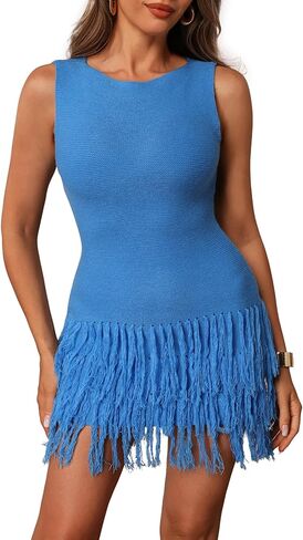 Women's Fringe Sleeveless Mini Dress Crew Neck Bodycon Knit Party Club Dresses in Saudi Arabia