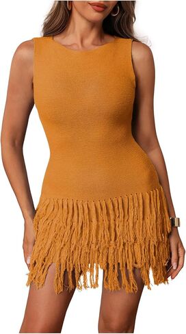 Women's Fringe Sleeveless Mini Dress Crew Neck Bodycon Knit Party Club Dresses in Saudi Arabia