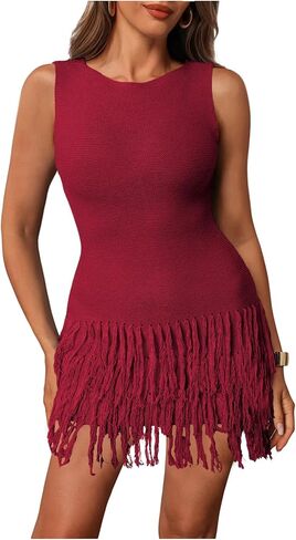 Women's Fringe Sleeveless Mini Dress Crew Neck Bodycon Knit Party Club Dresses in Saudi Arabia