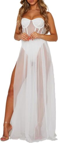 Women's Sheer Mesh Corset Maxi Dress Built-in Lingerie Side Slit Bodycon Slip Dress Sexy Evening Party Long Dresses in Kuwait