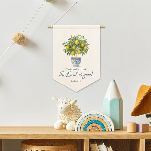 Christian Lemon Tree Kids Room Decor, Scripture Taste and See That The Lord Is Good Banner Canvas, Chinoiserie Wall Hanging Frame Decor Art Pennant Flag for Prayer Toddler Room Church 11x15in in Saudi Arabia