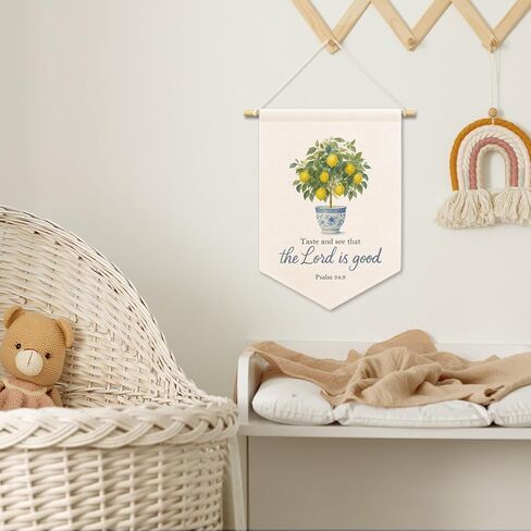 Christian Lemon Tree Kids Room Decor, Scripture Taste and See That The Lord Is Good Banner Canvas, Chinoiserie Wall Hanging Frame Decor Art Pennant Flag for Prayer Toddler Room Church 11x15in in Saudi Arabia