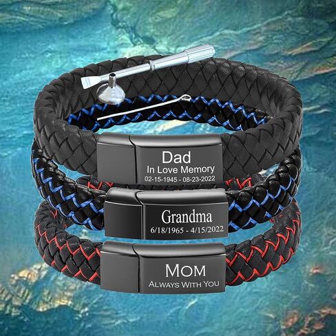 Personalized Cremation Jewelry Urn Bracelet for Ashes -Women Men Memorial Braided Blue & Black Leather Urn Bracelet for Human Ashes Keepsake Cuff Bangle in Saudi Arabia