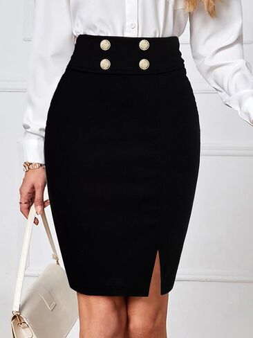 Womens Vintage Solid Color with Button Skirt Back Zipper Casual Elegant Office Short Skirt in Saudi Arabia