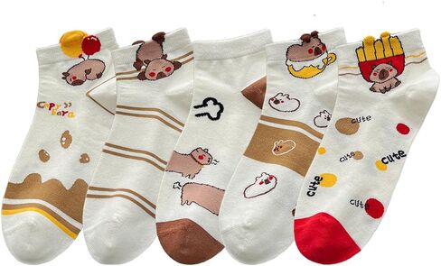 5 Pairs Cute Cartoon Animals Print Cotton Ankle Socks for Women Teens in Kuwait