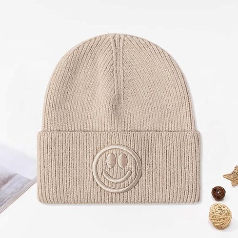 Smiley Face Embroidered Knit Beanie – Soft & Warm Acrylic Blend Hat, Unisex Winter Cap for Fashion & Comfort in Saudi Arabia