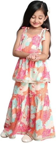 Girls Party Wear Rayon Fabric Floral Printed 3/4 Sleeves Anarkali Kurta Sharara with Dupatta in Kuwait