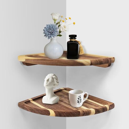 Floating Corner Shelve, 10 Inch Acacia Wood Corner Shelf Set of 2, Corner Shelf Wall Mounted for Living Room, Bedroom, Bathroom, Office, Kitchen (Acacia Wood) in Saudi Arabia
