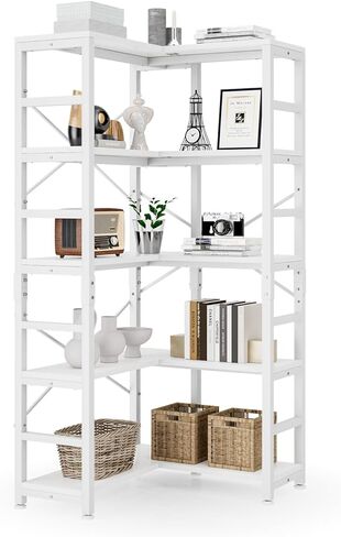NUMENN 5 Tier Corner Bookshelf, Wood and Metal Bookcase Storage Shelf, 26.97'' x 22.64'' x 65.7'' Tall Corner Cabinet for Living Room, Bedroom, Home Office and Kitchen, Vintage Brown in Saudi Arabia