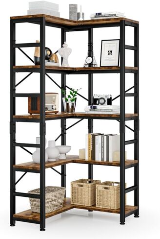 NUMENN 5 Tier Corner Bookshelf, Wood and Metal Bookcase Storage Shelf, 26.97'' x 22.64'' x 65.7'' Tall Corner Cabinet for Living Room, Bedroom, Home Office and Kitchen, Vintage Brown in Saudi Arabia