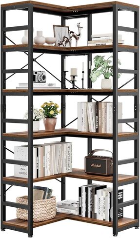 NUMENN 5 Tier Corner Bookshelf, Wood and Metal Bookcase Storage Shelf, 26.97'' x 22.64'' x 65.7'' Tall Corner Cabinet for Living Room, Bedroom, Home Office and Kitchen, Vintage Brown in Saudi Arabia