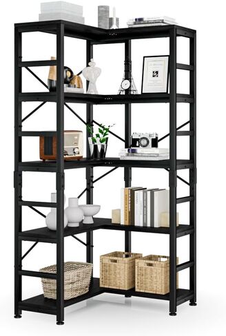 NUMENN 5 Tier Corner Bookshelf, Wood and Metal Bookcase Storage Shelf, 26.97'' x 22.64'' x 65.7'' Tall Corner Cabinet for Living Room, Bedroom, Home Office and Kitchen, Vintage Brown in Saudi Arabia