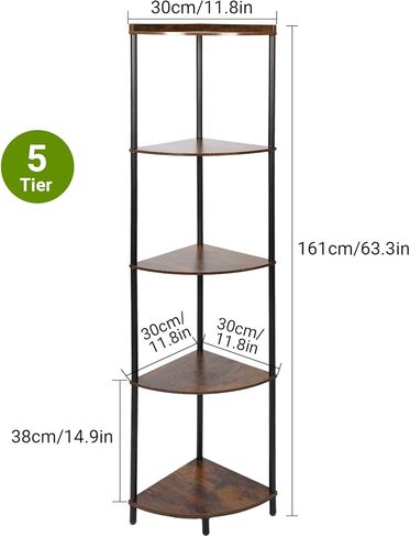 5-Tier Corner Shelf Stand, Industrial Triangle Storage Rack, Rustic Wood and Metal Corner Bookshelf for Living Room, Bedroom, Kitchen, Office in Saudi Arabia