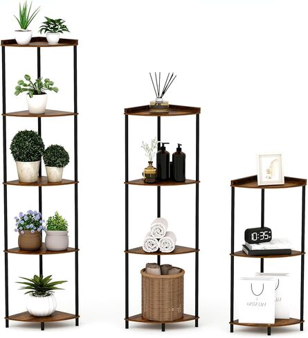 5-Tier Corner Shelf Stand, Industrial Triangle Storage Rack, Rustic Wood and Metal Corner Bookshelf for Living Room, Bedroom, Kitchen, Office in Saudi Arabia