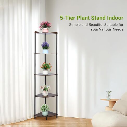 5-Tier Corner Shelf Stand, Industrial Triangle Storage Rack, Rustic Wood and Metal Corner Bookshelf for Living Room, Bedroom, Kitchen, Office in Saudi Arabia