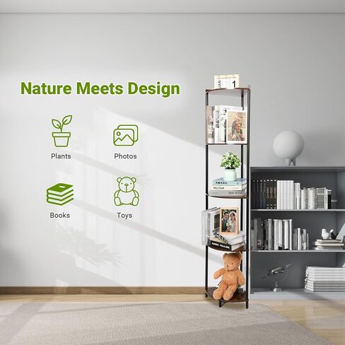 5-Tier Corner Shelf Stand, Industrial Triangle Storage Rack, Rustic Wood and Metal Corner Bookshelf for Living Room, Bedroom, Kitchen, Office in Saudi Arabia
