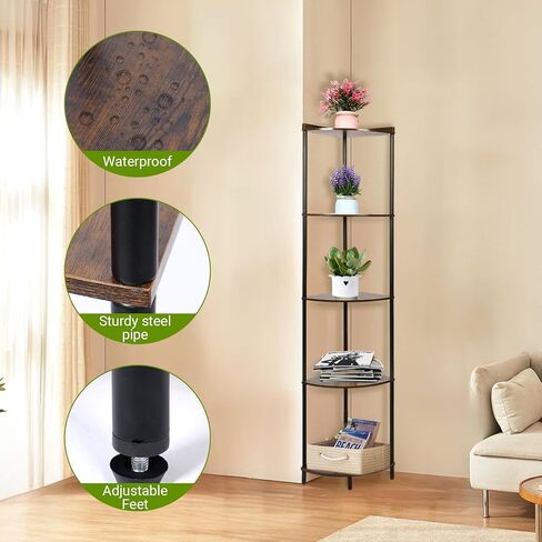 5-Tier Corner Shelf Stand, Industrial Triangle Storage Rack, Rustic Wood and Metal Corner Bookshelf for Living Room, Bedroom, Kitchen, Office in Saudi Arabia