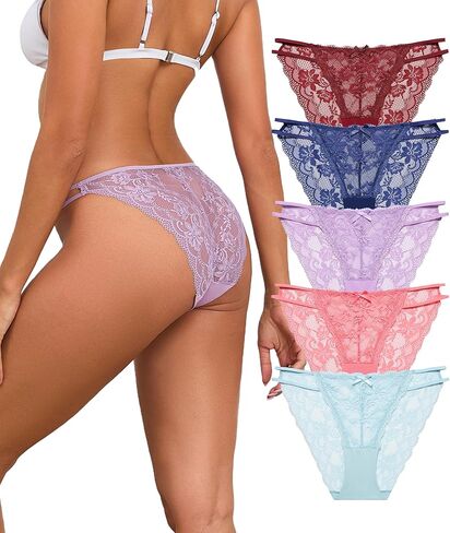ANLIQI Womens Sexy Underwear Lace String Bikini Panties Pack Hi Cut Hipster Lingerie Stretch Ladies Seamless Cheeky Briefs in Saudi Arabia