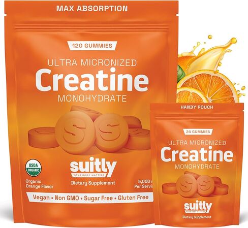 علكات الكرياتين العضوية فائقة الصغر من وزارة الزراعة الأمريكية للرجال والنساء؛ Orange Max Absorption 5g Creatine Gummies خالية من السكر لاكتساب العضلات والطاقة والانتعاش؛ أداة بناء العضلات للنساء مع حقيبة - عدد 120 in Kuwait