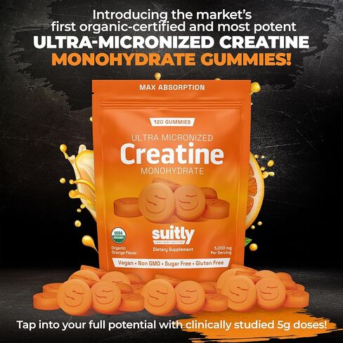 علكات الكرياتين العضوية فائقة الصغر من وزارة الزراعة الأمريكية للرجال والنساء؛ Orange Max Absorption 5g Creatine Gummies خالية من السكر لاكتساب العضلات والطاقة والانتعاش؛ أداة بناء العضلات للنساء مع حقيبة - عدد 120 in Kuwait