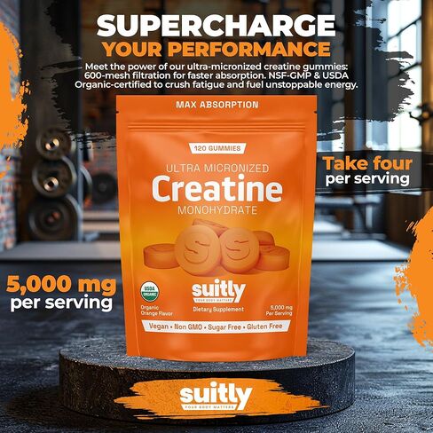 علكات الكرياتين العضوية فائقة الصغر من وزارة الزراعة الأمريكية للرجال والنساء؛ Orange Max Absorption 5g Creatine Gummies خالية من السكر لاكتساب العضلات والطاقة والانتعاش؛ أداة بناء العضلات للنساء مع حقيبة - عدد 120 in Kuwait