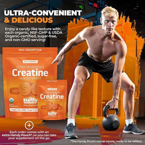 علكات الكرياتين العضوية فائقة الصغر من وزارة الزراعة الأمريكية للرجال والنساء؛ Orange Max Absorption 5g Creatine Gummies خالية من السكر لاكتساب العضلات والطاقة والانتعاش؛ أداة بناء العضلات للنساء مع حقيبة - عدد 120 in Kuwait