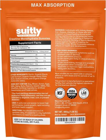 علكات الكرياتين العضوية فائقة الصغر من وزارة الزراعة الأمريكية للرجال والنساء؛ Orange Max Absorption 5g Creatine Gummies خالية من السكر لاكتساب العضلات والطاقة والانتعاش؛ أداة بناء العضلات للنساء مع حقيبة - عدد 120 in Kuwait