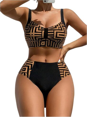 OYOANGLE Women's Geometric Print Bikini Set Cheeky Bathing Suit Ruched Waisted Hipster Swimsuit in Saudi Arabia