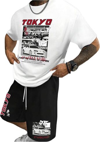 Men's 2 Piece Short Set Car Graphic Baggy T Shirts and Drawstring Gym Shorts Tracksuits in Saudi Arabia