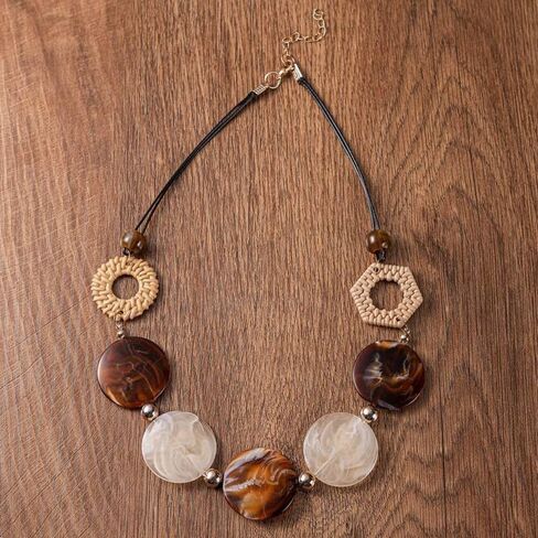 Geometric Vintage Necklace Handmade Geometric Acrylic Round Piece Vintage Necklace Acrylic Accessories(Brown) in Saudi Arabia