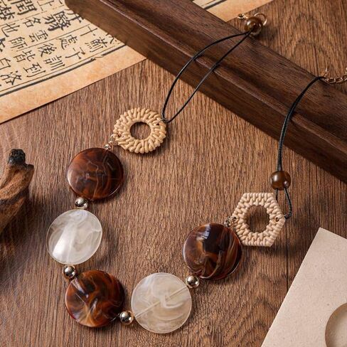 Geometric Vintage Necklace Handmade Geometric Acrylic Round Piece Vintage Necklace Acrylic Accessories(Brown) in Saudi Arabia