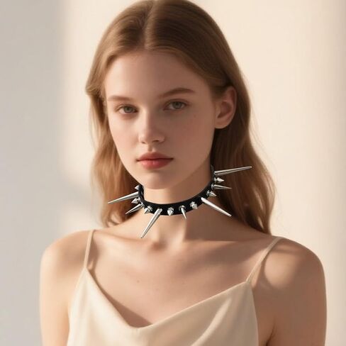 Goth PU Leather Necklace Punk Long Spiked Collar Choker Metal Rivet Spikes Studded Black Leather Collar Chian Adjustable Rock Biker Strap with Clasp for Costume Jewelry Halloween Party Gift in Saudi Arabia