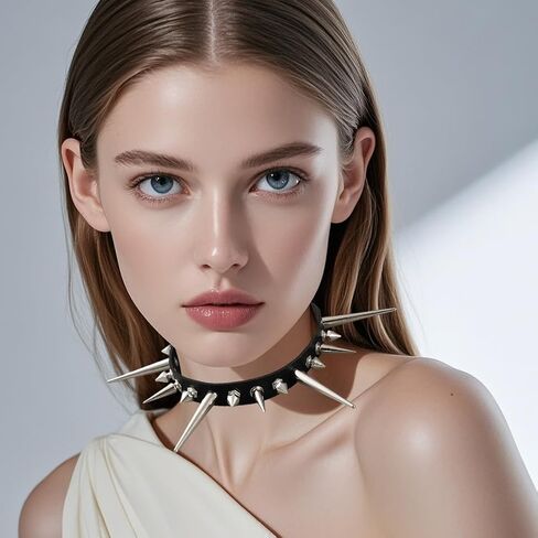 Goth PU Leather Necklace Punk Long Spiked Collar Choker Metal Rivet Spikes Studded Black Leather Collar Chian Adjustable Rock Biker Strap with Clasp for Costume Jewelry Halloween Party Gift in Saudi Arabia