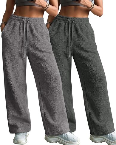 2 Pack Women's Fleece Sweatpants Wide Leg Winter Thermal Pants Drawstring Waist with Pockets Fuzzy Lounge Pajamas in Saudi Arabia