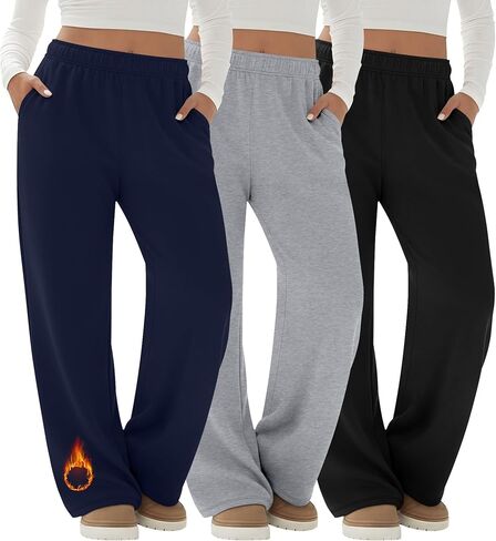 3 Pack Women's Fleece Plus Size Wide Leg Sweatpants Lined Baggy Pants Drawstring Casual Joggers with Pockets in Saudi Arabia