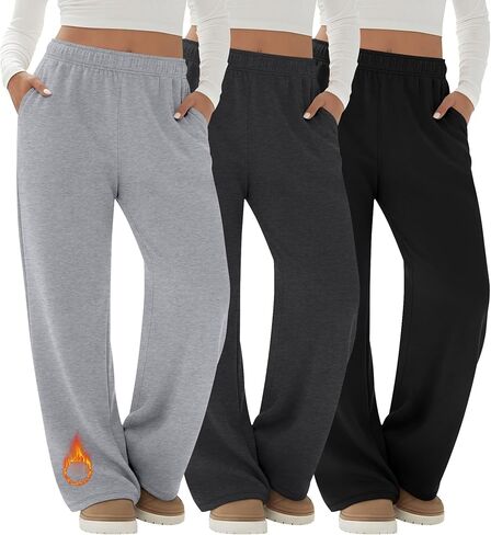 3 Pack Women's Fleece Plus Size Wide Leg Sweatpants Lined Baggy Pants Drawstring Casual Joggers with Pockets in Saudi Arabia